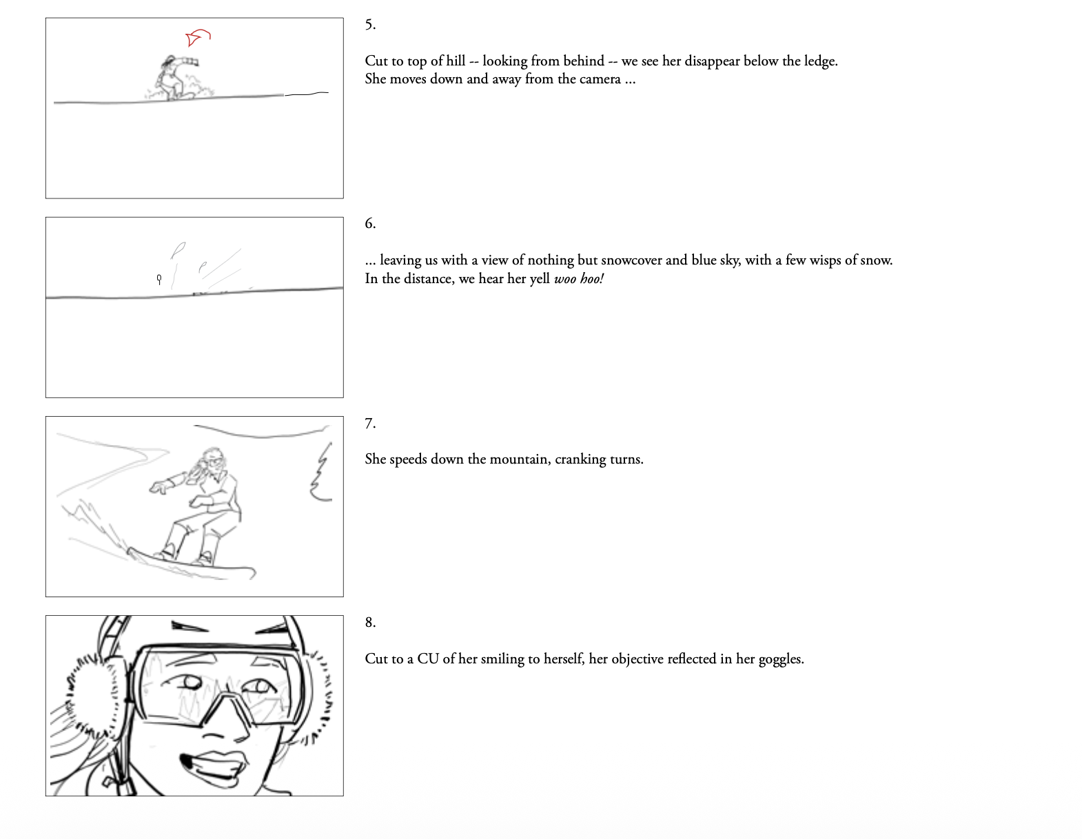 Adrenaline Junkies storyboard, panels 5 to 8